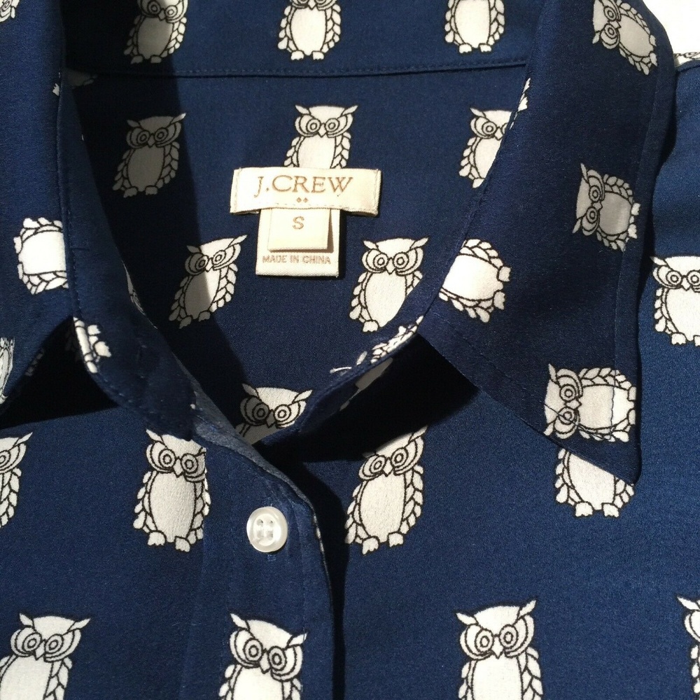 J. CREW Blue Owl Print Shirt critter Button Front Blouse - Picture 3 of 8